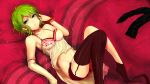  bare_shoulders camisole fujikiti green_hair gumi looking_at_viewer lying on_back short_hair solo striped striped_legwear thighhighs vocaloid 