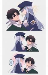  1boy 1girl 86_-eightysix- armband blush brown_hair collared_shirt commentary_request couple fingerless_gloves flustered gloves hat highres holding jacket kiss kissing_hand long_hair long_sleeves military military_hat military_uniform red_eyes sagyosagyosagyo scar scar_on_neck scarf shinei_nouzen shirt teasing vladilena_millize white_background white_eyes white_hair white_shirt 