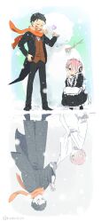  1boy 1girl alternate_costume apron black_dress black_hair black_kimono black_pants black_shoes blush breasts breath breathing_on_hands brown_vest butler chain chain_leash chained chained_wrists closed_eyes cold commentary_request different_reflection dress earmuffs frilled_apron frilled_wrist_cuffs frills hair_ornament hand_on_own_hip hand_up highres holding holding_chain jacket japanese_clothes kimono kneeling leash looking_at_another looking_down maid maid_apron maid_headdress natsuki_subaru open_clothes open_jacket orange_scarf pale_skin pants pink_eyes pink_hair puff_of_air puffy_short_sleeves puffy_sleeves ram_(re:zero) re:zero_kara_hajimeru_isekai_seikatsu reflection reflective_liquid ribbon roswaal_mansion_maid_uniform scarf shoes short_hair short_sleeves small_breasts snow snowing snowman tukemono6 vest waist_apron warming_hands white_apron white_kimono winter winter_clothes winter_uniform wrist_cuffs 