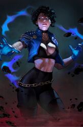  1girl absolute_dc absolute_wonder_woman belt black_bra black_hair black_pants blue_gloves bra breasts chain chain_belt choker curly_hair dc_comics fishnet_top fishnets floating_rock gloves glowing glowing_eyes glowing_hands gold_belt gold_chain high-waist_pants highres ivan_talavera loose_belt official_art pants parted_lips short_hair shoulder_spikes solo spikes third-party_source underwear wonder_woman_(series) zatanna_zatara zatanna_zatara_(absolute_dc) 