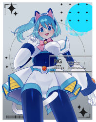  1girl animal_ears armor black_bodysuit blue_hair bodysuit border breasts cat_ears commentary cowboy_shot english_commentary gradient_background grey_background highres large_breasts looking_at_viewer mega_man_(series) mega_man_x_(series) mega_man_x_dive rico_(mega_man) rikka_(user_hruv2435) shorts side_ponytail simple_background skirt solo twitter_username watermark white_armor white_border white_shorts white_skirt 