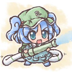  :d backpack bag blue_eyes blue_hair chibi hair_bobbles hair_ornament hat holding hose kawashiro_nitori lowres onmitsu_doushin_a open_mouth randoseru smile solo touhou twintails 