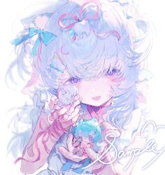  1girl absurdres arm_ribbon banbanimi bare_shoulders belt_collar blue_bow blue_hair blue_shirt blush_stickers bow chinese_commentary choker collar commentary_request commission fang finger_ribbon frilled_shirt frills gauze_on_shoulder hair_bow hair_ornament hair_ribbon hairclip highres holding holding_mini_person mini_person open_mouth original pink_choker pink_ribbon ribbon sample_watermark shirt simple_background skin_fang smile solo two_side_up upper_body violet_eyes watermark white_background 