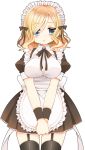  1girl apron black_legwear blonde_hair blue_eyes blush bow breasts character_request garters hair_bow hands_together highres himegoto_(manga) hiro_(himegoto) maid maid_headdress norio_kkk open_mouth ribbon short_hair solo thigh-highs thighhighs trap wristband 