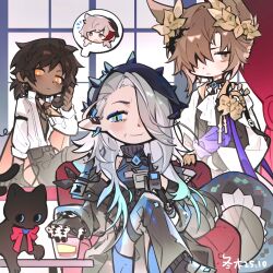  1girl 2boys absurdres animal_ears arknights armchair black_cat black_hair black_jacket blue_eyes brown_hair cat cat_boy cat_ears chair cheekbones chinese_commentary closed_mouth commentary_request crossed_legs cup curtains dark-skinned_male dark_skin deformed elysium_(arknights) gradient_hair grey_hair hair_over_one_eye highres holding holding_cup indoors jacket laurel_crown long_hair long_sleeves looking_at_viewer mantra_(arknights) miss_christine_(arknights) multicolored_hair multiple_boys old old_woman phantom_(arknights) pointy_ears shirt short_hair sitting smile snake_girl snake_tail spoken_character standing tail thorns_(arknights) tragodia_(arknights) trait_connection two-tone_hair white_shirt wiinterwood window yellow_eyes 