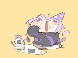  1girl :3 absurdres ahoge animal_ears cat_ears cat_girl cat_tail cocomayo29_(tomato) commentary_request eating fang food fork hat highres holding holding_fork hololive hood hoodie korean_commentary long_sleeves onigiri onigirya_(nekomata_okayu) puffy_sleeves purple_hair purple_hat simple_background tail violet_eyes virtual_youtuber yellow_background 