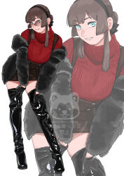  1girl absurdres black_hairband black_skirt black_thighhighs blunt_sidelocks freckles fur_jacket green_eyes hairband highres jacket kantai_collection long_hair looking_at_viewer mogador_(kancolle) mogador_(saury_festival)_(kancolle) multiple_views official_alternate_costume ojipon overall_skirt parted_lips red_sweater ribbed_sweater sidelocks skirt sunglasses suspender_skirt suspenders sweater thigh-highs turtleneck turtleneck_sweater watermark zoom_layer 