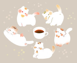  absurdres animal animal_focus cat cat_day checkerboard_cookie chocolate_chip_cookie closed_eyes commentary_request cookie cup food grey_background highres lazuli_(lazuli3103) no_humans original red_eyes simple_background tea whiskers white_cat x_anus 