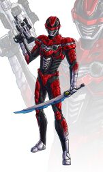1boy adi_(adivider) armor armored_bodysuit asymmetrical_dual_wielding black_bodysuit bodysuit character_mask chou_uchuu_keiji_gavan_infinity combat_helmet commission dual_wielding full_armor full_body gavan_infinity gavarion_blade gavarion_trigger gun handgun helmet highres holding holding_gun holding_sword holding_weapon male_focus mask multiple_weapons red_armor red_bodysuit red_helmet science_fiction solo sword tokusatsu weapon zoom_layer
