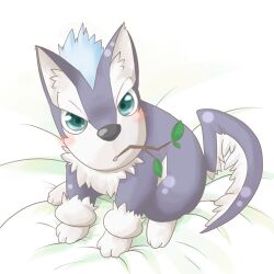  baby_animal blue_hair blush commentary_request dog looking_at_viewer lowres maruru_(marimo811) mouth_hold open_mouth puppy purple_fur repede_(tales) stalk_in_mouth tales_of_(series) tales_of_vesperia 