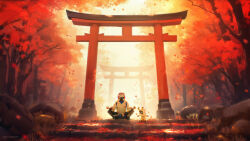  1boy 1other absurdres animal_costume artist_name autumn_leaves black_pants commentary english_commentary facing_viewer forest grass headphones highres hood hoodie leaf looking_at_another looking_at_object mask nature original outdoors painterly pants raja_nandepu red_leaf robot rock scenery sheep_costume sitting sky stairs torii white_hoodie yellow_sky 