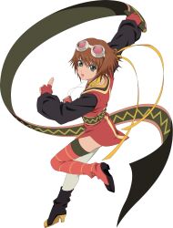  1girl artist_request asymmetrical_clothes asymmetrical_footwear brown_hair choker commentary fighting_stance fingerless_gloves full_body game_cg gloves goggles goggles_on_head gold_choker green_eyes highres holding holding_scroll looking_at_viewer mismatched_footwear notebook object_in_pocket official_art open_mouth pantyhose pen_in_pocket pocket red_gloves red_thighhighs ribbon rita_mordio scroll short_hair single_leg_pantyhose single_thighhigh solo standing standing_on_one_leg tales_of_(series) tales_of_asteria tales_of_vesperia thigh-highs third-party_source transparent_background white_pantyhose yellow_ribbon 