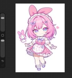  1girl animal_ears apron art_program_in_frame blue_eyes breasts chibi commentary commission dress elysia_(honkai_impact) fake_animal_ears highres honkai_(series) honkai_impact_3rd looking_at_viewer maid maid_apron maid_headdress miclipse my_melody my_melody_(series) pink_dress purple_shoes rabbit_ears sanrio shoes short_hair smile solo white_apron 