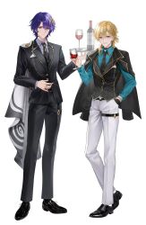  2boys absurdres aqua_shirt aventurine_(honkai:_star_rail) black_choker black_gloves black_jacket black_necktie black_pants black_shoes black_suit black_vest blonde_hair bottle cape choker cup dr._ratio_(honkai:_star_rail) drinking_glass earrings glass gloves grey_shirt hair_ornament hamo_(miyo_rmo2) highres holding holding_cup holding_plate honkai:_star_rail honkai_(series) jacket jewelry long_sleeves male_focus multicolored_cape multiple_boys necktie pants pink_eyes plate purple_hair red_eyes shirt shoes short_hair single_earring single_glove smile suit vest white_background white_cape white_pants wine_bottle wine_glass 