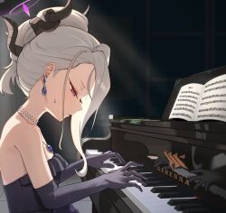  1girl black_halo blue_archive breasts commentary_request demon_girl demon_horns dress earrings elbow_gloves gehenna_academy_logo gloves grand_piano halo highres hina_(blue_archive) hina_(dress)_(blue_archive) horns instrument jewelry long_hair music necklace pendant piano playing_instrument playing_piano purple_dress purple_gloves sitting small_breasts solo sweat toughman upper_body violet_eyes white_hair 