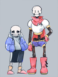  2019 2boys 2d arm_at_side armor black_shorts blue_jacket blue_shorts boots brothers cape comic commentary digital_media duo english_commentary full_body gloves grey_background grey_hood hand_on_own_hip hands_in_pockets height_difference hollow_eyes hood hood_down hooded_jacket humanoid jacket long_sleeves looking_at_viewer male male_focus male_only monster monster_boy multiple_boys no_nose open_clothes open_jacket papyrus_(undertale) pink_slippers red_boots red_cape red_gloves sans_(undertale) segmented_comic shirt shorts siblings simple_background single_vertical_stripe skeleton slippers socks standing striped_shorts teeth undead undertale utdr_(toby_fox) veah3 vertical-striped_clothes vertical-striped_shorts white_armor white_shirt white_stripes yellow_socks 