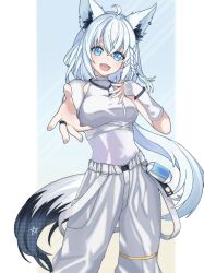  1girl absurdres ahoge animal_ear_fluff animal_ear_piercing animal_ears aqua_eyes arm_warmers braid breasts commentary_request crop_top fox_ears fox_girl fox_tail hair_between_eyes highres hololive looking_at_viewer medium_breasts open_mouth pants pentagram sapusakti shirakami_fubuki smile solo tail virtual_youtuber white_arm_warmers white_hair white_pants 