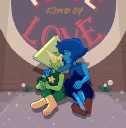  2girls arm_around_shoulder blue_hair blue_skin clenched_teeth colored_skin commentary english_commentary eye_contact gem gem_(steven_universe) green_gem green_hair green_skin highres lapis_lazuli_(steven_universe) leotard looking_at_another multiple_girls on_floor peridot_(steven_universe) sitting smile star_(symbol) steven_universe teeth timehuntress triangle-shaped_hair yuri 