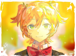  1girl blonde_hair bow bowtie chinese_commentary closed_mouth collared_shirt commentary_request daiba_nana green_eyes green_ribbon hair_between_eyes hair_ribbon highres looking_at_viewer portrait qngtidey132830 red_bow red_bowtie ribbon seishou_music_academy_uniform shirt short_hair shoujo_kageki_revue_starlight smile solo straight-on two_side_up white_shirt 