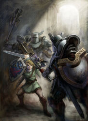  1boy 2others absurdres ambiguous_gender armor belt blonde_hair blue_eyes boots brown_boots brown_gloves chainmail clash clenched_teeth darknut fighting fingerless_gloves flanged_mace full_armor gauntlets gloves green_hat green_tunic grey_armor grey_helmet grey_pants hat helm helmet highres holding holding_shield holding_sword holding_weapon hylian_shield indoors knee_boots legs_apart link looking_at_another master_sword multiple_others nakano_yusuke official_art pants pauldrons pouch serious shield short_hair shoulder_armor sidelocks sparks swept_bangs sword teeth the_legend_of_zelda the_legend_of_zelda:_twilight_princess third-party_source triforce tunic undershirt v-shaped_eyebrows weapon 