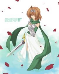  1girl ahoge arianrhod_rpg brown_hair chest_guard closed_eyes closed_mouth copyright_name dress falling_petals flower_tattoo full_body green_scarf hair_intakes hand_up holding holding_sword holding_weapon medium_hair noel_greenfield petals red_petals rose_petals scarf shoulder_tattoo smile solo standing sword tattoo vambraces wading weapon white_dress yuichirou 