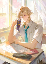  1boy absurdres animalization aventurine_(honkai:_star_rail) blonde_hair blue_eyes blue_necktie blush cake_cat_(honkai:_star_rail) chair charm_(object) collared_shirt commentary curtains desk dr._ratio_(honkai:_star_rail) english_commentary hamo_(miyo_rmo2) highres holding holding_charm honkai:_star_rail honkai_(series) indoors looking_at_viewer male_focus multicolored_eyes neck_tattoo necktie open_mouth paper paperclip pencil_case petals pink_eyes pocket school_uniform shirt short_hair short_sleeves smile solo tattoo two-tone_eyes upper_body white_shirt window 