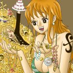  bikini_top bracelet breasts cake cleavage coin cross cross_necklace earrings food heart heart_eyes jewelry kyo_(pixiv2376063) large_breasts log_pose long_hair lowres nami necklace one_piece orange_hair pearl sanji smile tattoo treasure 