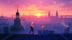  1boy 1other absurdres animal_costume artist_name black_pants blue_bag boots city cityscape clock clock_tower commentary dawn dome english_commentary from_side gradient_sky headphones highres hood hoodie jumping london mask original painterly pants pink_sky raja_nandepu robot rooftop scenery sheep_costume sky sun sunlight tower walking white_hoodie yellow_sky 