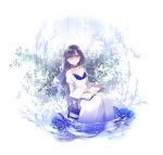  blue_rose book brown_hair chair dress flower long_hair looking_at_viewer original rose sitting solo wemu_(ivycrown) white_dress 