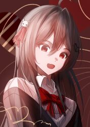  1girl absurdres ahoge black_cardigan bow bowtie brown_hair cardigan collared_shirt dress_shirt evil_neuro-sama fang from_above from_side hair_between_eyes hair_ornament hair_ribbon hashtag-only_commentary highres long_hair off-shoulder_cardigan open_mouth red_bow red_bowtie red_eyes red_ribbon ribbon shirt skdjmduhs skin_fang skull_hair_ornament solo torn_hair_ribbon upper_body vedal_ai virtual_youtuber white_shirt 