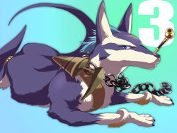  akiyoshi_haru blue_hair claws commentary_request dagger knife looking_at_viewer purple_fur repede_(tales) smoking_pipe tales_of_(series) tales_of_vesperia weapon 