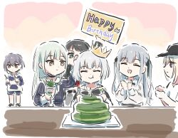  6+girls bang_dream! bang_dream!_it's_mygo!!!!! baseball_cap black_choker black_hair black_hat black_shirt blonde_hair blue_dress blue_eyes blue_hair blue_hoodie blue_shorts brown_eyes cake choker clapping closed_eyes commentary crown cup dress drumsticks eating food green_hair grey_hair hair_between_eyes happy_birthday hat headpat holding holding_cup holding_drumsticks hood hood_down hoodie kaname_raana long_hair long_sleeves lyy matcha_(food) matcha_parfait medium_hair misumi_uika multiple_girls open_mouth plaid_clothes plaid_dress raana_the_cat shirt short_hair short_sleeves shorts sidelocks takamatsu_tomori togawa_sakiko violet_eyes wakaba_mutsumi white_hair yahata_umiri yellow_eyes 