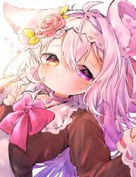 1girl :3 blush cardigan floppy_ears flower fluffy_ears fox_ears headband heterochromia indie_virtual_youtuber long_hair momotan muro_sya peace_sign pink_eyes pink_rose rose sleeves_past_wrists smile solo virtual_youtuber white_hair yellow_eyes