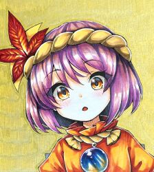  1girl aged_down blush child commentary hair_ornament highres leaf leaf_hair_ornament looking_at_viewer maple_leaf mirror open_mouth purple_hair red_shirt rope shirt short_hair solo tatuhiro touhou traditional_media yasaka_kanako 