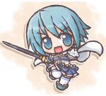  :d belt blue_eyes blue_hair cape chibi gloves holding lowres mahou_shoujo_madoka_magica miki_sayaka onmitsu_doushin_a open_mouth skirt smile solo sword thigh-highs thighhighs weapon 