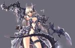  arm_up black_eyes breasts cleavage demon_girl dress gauntlets grey_background horns huge_weapon large_breasts legs long_hair original pointy_ears silver_hair solo sword tail thigh_strap thighs weapon windforcelan 
