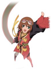  1girl artist_request asymmetrical_clothes asymmetrical_footwear brown_hair choker commentary fingerless_gloves from_above full_body game_cg gloves goggles goggles_on_head gold_choker green_eyes holding holding_scroll looking_at_viewer mismatched_footwear notebook object_in_pocket official_art open_mouth pantyhose pen_in_pocket pocket red_gloves red_thighhighs ribbon rita_mordio scroll short_hair single_leg_pantyhose single_thighhigh solo standing tales_of_(series) tales_of_asteria tales_of_vesperia thigh-highs third-party_source transparent_background white_pantyhose yellow_ribbon 