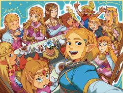  6+girls armor blonde_hair bow brown_hair cake cup dark-skinned_female dark_skin dress flower food gloves hair_bow harp highres holding_harp holding_ocarina hyrule_warriors in-franchise_crossover instrument laenarra looking_at_viewer multiple_girls multiple_persona ocarina pink_dress pink_gloves plate pointy_ears princess_zelda selfie shoulder_armor silent_princess smile table teacup tetra the_legend_of_zelda the_legend_of_zelda:_a_link_between_worlds the_legend_of_zelda:_a_link_to_the_past the_legend_of_zelda:_echoes_of_wisdom the_legend_of_zelda:_four_swords the_legend_of_zelda:_ocarina_of_time the_legend_of_zelda:_skyward_sword the_legend_of_zelda:_tears_of_the_kingdom the_legend_of_zelda:_twilight_princess the_legend_of_zelda_(nes) tiara tri_rod vase white_gloves 