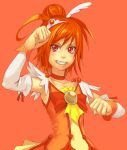  and blush bow bust choker clenched_hands cure_sunny detached_sleeves grin hair_ornament hino_akane orange_hair precure red_eyes short_hair simple_background smile smile_precure! solo 