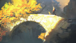  1boy 1other absurdres animal_costume arch artist_name autumn autumn_leaves black_pants blue_bag bridge commentary english_commentary from_side grey_sky headphones highres hood hoodie landscape leaf mask original outdoors painterly pants raja_nandepu robot scenery sheep_costume sky sunlight walking white_hoodie yellow_leaf 