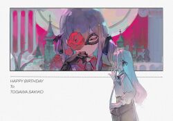  1girl bag bang_dream! bang_dream!_it's_mygo!!!!! black_gloves black_ribbon blue_hair character_name closed_eyes collared_shirt column commentary_request english_commentary facing_away flower flower_over_eye gloves hair_ribbon hand_to_own_mouth happy_birthday highres huiying_canghua_baihui_shi long_hair mask masquerade_mask mixed-language_commentary oblivionis_(bang_dream!) pillar portrait_(object) red_flower red_rose red_shirt ribbon rose shirt shoulder_bag sidelocks solo togawa_sakiko 