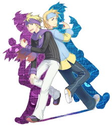  2boys back-to-back blonde_hair commentary_request drifloon dual_persona dusknoir gastly gengar haunter holding holding_poke_ball itsuki_(nightlight) male_focus mismagius morty_(pokemon) multiple_boys official_alternate_design pants poke_ball pokemon pokemon_gsc pokemon_hgss sableye scarf short_hair teeth upper_teeth_only 