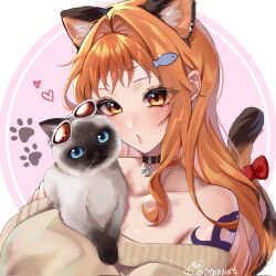  1girl akaakasa0215 animal animal_ears bare_shoulders black_choker blush brown_eyes cat cat_day cat_ears cat_girl cat_tail choker closed_mouth collarbone commentary english_commentary extra_ears eyewear_on_head fish_hair_ornament glint hair_ornament hairclip heart highres holding holding_animal kemonomimi_mode long_hair nami_(one_piece) off-shoulder_sweater off_shoulder one_piece orange_hair shoulder_tattoo single_sidelock solo sunglasses sweater tail tattoo upper_body wavy_hair 