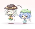  backpack bag blue_hair blush chibi closed_eyes eyes_closed fang gaius_(nikoniko2) hair_bobbles hair_ornament hat hat_ribbon kawashiro_nitori komeiji_koishi lifting mechanical_arms multiple_girls o_o open_mouth randoseru ribbon shirt short_hair silver_hair skirt smile surprised sweatdrop third_eye touhou twintails 