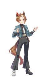  1girl animal_ears armband asymmetrical_footwear belt black_boots black_pants black_shirt blue_jacket blush boots brown_hair casino_drive_(umamusume) ear_ornament full_body highres horse_ears horse_girl jacket jewelry long_sleeves looking_at_viewer mismatched_footwear multicolored_hair multiple_rings necklace necktie official_art open_clothes open_jacket pants parted_lips red_eyes ring shirt short_hair simple_background smile solo streaked_hair transparent_background umamusume white_boots white_necktie white_streaks 