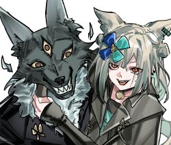  1girl absurdres animal_ear_piercing arknights arms_around_neck black_collar black_jacket collar collarbone coretton_(arknights) detached_sleeves double_bun ear_piercing extra_ears eyes_visible_through_hair fang green_hair hair_bun highres hug jacket looking_at_viewer medium_hair morpheus_(arknights) negligee orange_eyes piercing simple_background sleeves_past_wrists solo white_background yazu_(zoddiacz) 