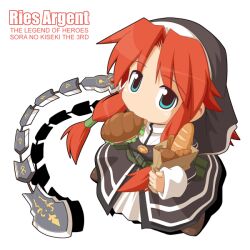  1girl bag baguette belt belt_buckle belt_pouch black_dress black_veil blue_eyes bread brown_shoes buckle character_name chibi chibi_only copyright_name croissant curtained_hair dress eiyuu_densetsu food food_in_mouth from_above green_belt grocery_bag holding holding_bag jewelry long_hair long_sidelocks long_sleeves looking_at_viewer looking_up necklace nun paper_bag pouch red_hair ries_argent sandwich shadow shoes shopping_bag sidelocks simple_background sleeves_past_wrists solo sora_no_kiseki standing veil white_background yuichirou 