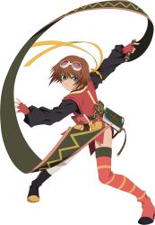  1girl artist_request asymmetrical_clothes asymmetrical_footwear book brown_hair choker commentary fighting_stance fingerless_gloves full_body game_cg gloves goggles goggles_on_head gold_choker green_eyes highres holding holding_scroll looking_at_viewer mismatched_footwear notebook object_in_pocket official_art pantyhose pocket red_gloves red_thighhighs ribbon rita_mordio scroll short_hair single_leg_pantyhose single_thighhigh solo standing tales_of_(series) tales_of_asteria tales_of_vesperia teeth thigh-highs third-party_source transparent_background white_pantyhose yellow_ribbon 