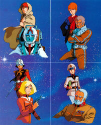  1970s_(style) 1980s_(style) 3girls 4boys amuro_ray artist_request beard belt blonde_hair brown_hair cape capelet char_aznable combat_helmet commentary_request crossed_arms crowley_hamon dual_persona earth_federation eye_mask facial_hair general_revil gun gundam handgun hat helmet highres holding holding_gun holding_notebook holding_weapon holster hood hooded_cape key_visual magazine_scan manly mask matilda_ajan mecha_pilot_suit military_hat military_rank_insignia military_uniform mobile_suit_gundam multiple_boys multiple_girls nebula normal_suit_(gundam) notebook official_art old orange_hair pilot pilot_chair poster_(medium) promotional_art ramba_ral red_hair red_scarf retro_artstyle sayla_mass scan scarf science_fiction siblings soldier space star_(sky) traditional_media weapon white_hair zeon 