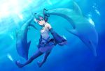  ahoge ao_usagi aqua_eyes aqua_hair bare_shoulders black_legwear blue_eyes blue_hair boots bubble detached_sleeves dolphin hatsune_miku headset looking_back necktie panties skirt solo striped striped_panties thigh-highs thigh_boots thighhighs twintails underwater underwear vocaloid 